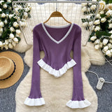 Striped Knitted Shirt Autumn Lotus Side Hem Horn Sleeves Slimmed Out Of The Bottom
