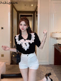 Knit Tshirts Women Peter Pan Collar Puff Sleeve Tees Patchwork Lace Fashion Vintage T Shirt Korean Summer T Shirt