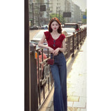 Atmosphere Feeling Hong Kong Style Wearing Red V-Neck Repair Short-Sleeved T-Shirt With Temperament Micro-Tipped Jeans Women Two