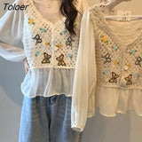 Women O-Neck Hollow Out Print Simple All-match Casual Fashion College Korean Style Ulzzang New Tops Hot Selling