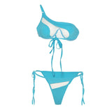 Sexy Mesh Beach Bikini Women 2 Piece Sets Summer One Shoulder Bandage Bra Tops+Briefs Vacation Birthday Party Clubwear