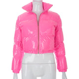 Sisterlinda Faux PU Leather Y2K Bubble Puffer Winter Warm Jacket Women Coats Long Sleeve Outerwear Zipper Casual Slim