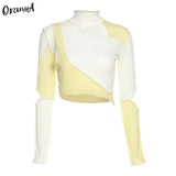 Women Casual Summer Long Sleeve t-Shirt Asymmetry Patchwork Crop Tops Turtleneck Elastic Hight Skinny Fashion