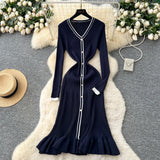 Small-Sized Famous Woman Hit The Color V-Neck Long Sleeve Single Buckle Waist Knitted Dress Women With Fish