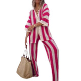 Women's Fashion 2025 Fashion V-Neck Collidered Striped Shirt Loose Broad Leg Trousers Knitted