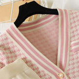 Women Knit Houndstooth Cardigan Long Sleeve Sweater Tops + Wide Leg Pants Sets Elegant V-neck Knitwear Trousers 2 Piece