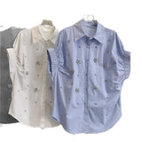 High-Stock Design Feeling Heavy Industry Nail Embroidery Shirt Loose Apparent Thin Age Shirt Shirt Women Short