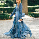 2023 Spring New Women Print Long Dress Elegant Fashion V-neck High Waist Maxi Dresses Evening Party Floral Robe
