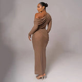 Draped Off-Shoulder Long Sleeve Top And Maxi Skirt Set-Outfit