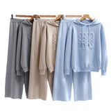 Suit Women's Korean Version Of Loose Knitted Hoodie Two Sets Of Leisure High-Rise Thin Straight Broad Leg