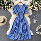 button floral print V Neck Long Dress Summer Party elastic waist dress Women elegant tunic split beach