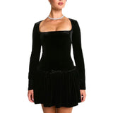 And Winter New Women's High-End Velvet Velvet Long-Sleeved Leaf-Side Dress