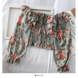 one-shoulder floral lace tie ruffled chiffon shirt female pleated was thin puff sleeve bottoming