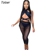 Womens Outfits Suit Women Set Mesh Sleeveless Crop Top Pants Sets Woman Tracksuit Cross Halter Party Club Clothes