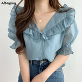 Women Ulzzang Chic Summer Lovely Ruffles Fashion Blusas Ladies Tops All-match Office Lady Clothing Daily Popular