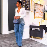 Women's Tie Jeans Women's Fashion High-Waist Multi-Pocket Gradient Wide-Legged