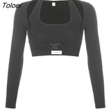 Hollow Out Shoulder Black Goth Woman Tshirts With Buckle Zip Up Slim Sexy Girl Techwear Stripe Long Sleeve Autumn