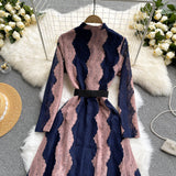 Autumn French Hollow Dress Elegant Long Sleeve O Neck Belt A-line Dresses Fashion Streetwear Women Dress 2021