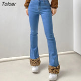 Patchwork Leopard Boot Cut Jeans Women Vintage Y2K Aesthetic 90s Streetwear Denim Trousers Low Waist Slim Flare