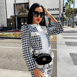 2022 Autumn Women'S Houndstooth Tweed 2 Piece Sets Of Sexy Long-Sleeved Round Neck Button Coat + Short Pencil Skirt Party