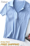Women Polo Shirts Short Sleeve Knit T-shirt Plain Women Ribbed V-neck Crop Top Solid Slim Cropped Tees 2023