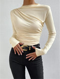 Solid Color Trim Bottom Shirt Folding Design Long-Sleeved T-Shirt Lady