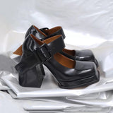 Graduation party Patent Leather Black Shoes Women Punk Chunky Designer Platform Mary Janes Heels Square Toe Goth High Heels Women Pumps Plus