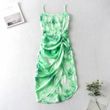 Summer Spaghetti Strap Beach Dress Women Printed Split Sexy Holiday Dress Sleeveless Backless Pleated Satin Midi