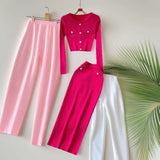 Fragrant High-Sense Metal Buckle Repair Short Long-Sleeved Knitting Top Female High-Waisted Hip Skirt