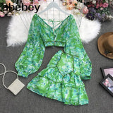 New Summer Fashion All-match V-neck Lantern Sleeve short Shirt + high waist slim floral Skirt 2-piece