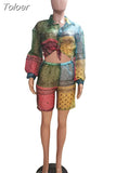 Bandanna Print Fashion Women Two Piece Outfits Long Sleeve Turn Down Collar Blouse+see Through Short Cute Color