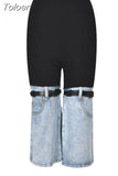 Fashion Women's Contrasting Color Patchwork Jeans Elastic Waist Strap Design Straight Denim Calf-Length Pants