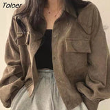 Women Jackets Solid Cool Short Style Coat Single Breasted Femme High Street Retro Corduroy All-match Outwear Minimalism