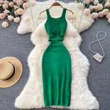 Women 2022 White Pencil Dress Tank Sleeve V Neck Bodycon Sexy Vestidos Kpop Vintage Elastic Knitted Female Summer Midi