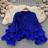 Spring Autumn Women Irregular Ruffle Draped Tops Female Elegant V-Neck Flare Long Sleeve Short Tops Vintage Blouse New