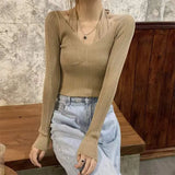 Fake Two-piece T-shirt Long Sleeve Halter Black Tops Knit Slim Sweater Tops Women Autumn Spring Sexy Female Tee