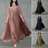 ZANZEA 2022 Vintage Summer Maxi Dress Women's Pleated Sundress Half Sleeve Long Vestidos Female Casual O Neck Robe