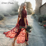 Sexy See Through Burgundy Lace Dress Women Summer High Waist V-neck Dress Elegant Christmas Maxi Long Dress