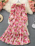 Spring Autumn Bohemian Vacation Beach Long Dress Women Elegant Square Collar Lantern Long Sleeve A-Line Vestidos Casual Robe