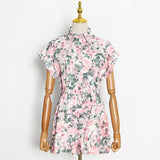 Casual Print Floral Playsuit For Women Lapel Short Sleeve High Waist Loose Playsuits Female 2021 Summer Fashion