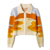 2022 Women Winter Cardigans With Turn-Down Collar Seaside Scenery Print Long Sleeve Knitted Outwear Green Yellow