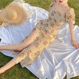 Party 2022 Summer Floral Vintage Dress Women Csaual Holiday Split Designer Midi Dress Korean Fashion Slim Party Princess Chiffon