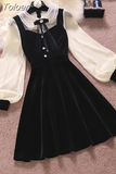 Vintage Velvet Black Dress Stand Neck Lantern Sleeve Party Robe High Waist Slim Vestidos Korean Elegant Dresses