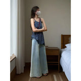 Blue Floral Sling Skirt Top Woman 2025 Summer Design Sense Niche Wearing Broad-Legged Pants Two