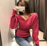 Fashion Sexy Cross V-Neck Women's Sweaters Autumn Winter Bottoming Slim Female Jumper Casual Solid Bodycom Beige Grey