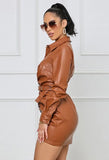 Winter Brown Leather Button Up Ruched Mini Dress with