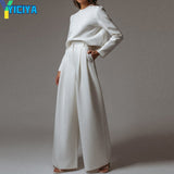 Solid 2 Piece Set Office Lady Spring O Neck Long Sleeve Tops +Long High Waist Pants Suit Tracksuit Sportswear Suit For