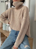 WOTWOY Autumn Winter Knitted Turtleneck Sweater Women Thick Long Oversized Sweaters Women Solid Cashmere Pullovers Korean