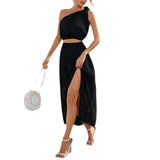 Women's Fashion Slanted Shoulder Bow Set Open Large Pendulum Dress Two Sets Of