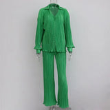 Women's Shirt Pleated Two Piece Set Loose High Waist Wide Leg Pants Suit 2022 Casual Elegant Office Ladies Female